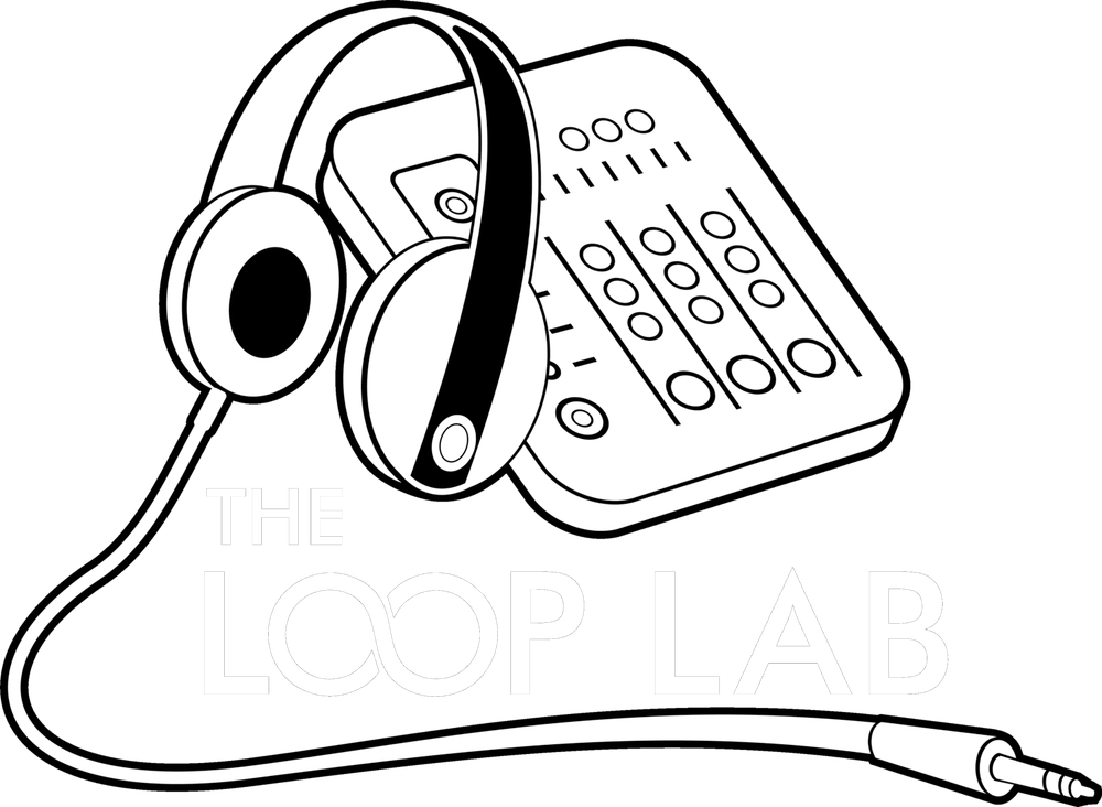 White Logo, The Loop Lab, with headphones and sound mixer